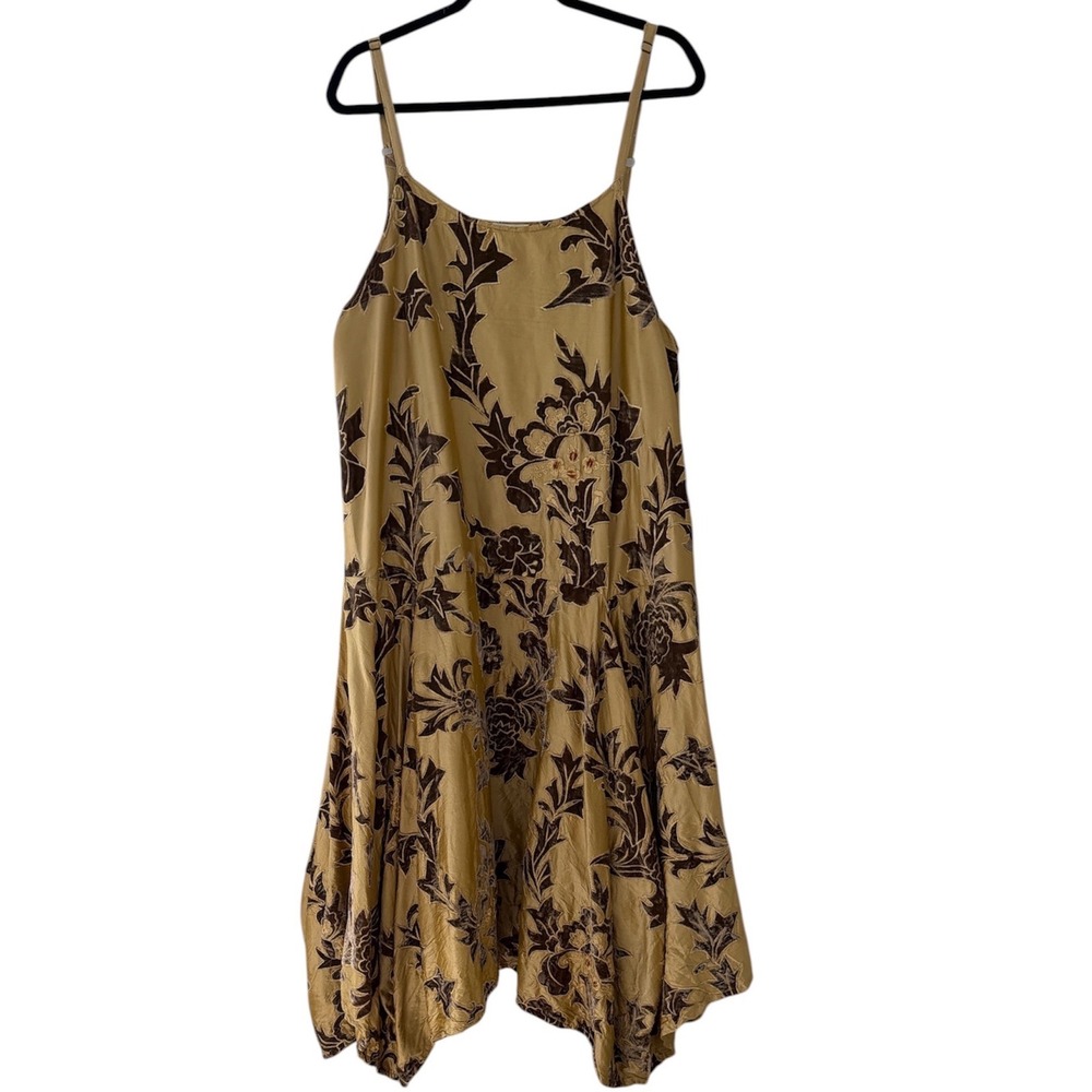 Krista Larson Silk Burnout Velvet Floral Handkerchief Hem Slip Dress Gold Brown